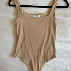Babaton Beige Ribbed Scoop-Neck Bodysuit